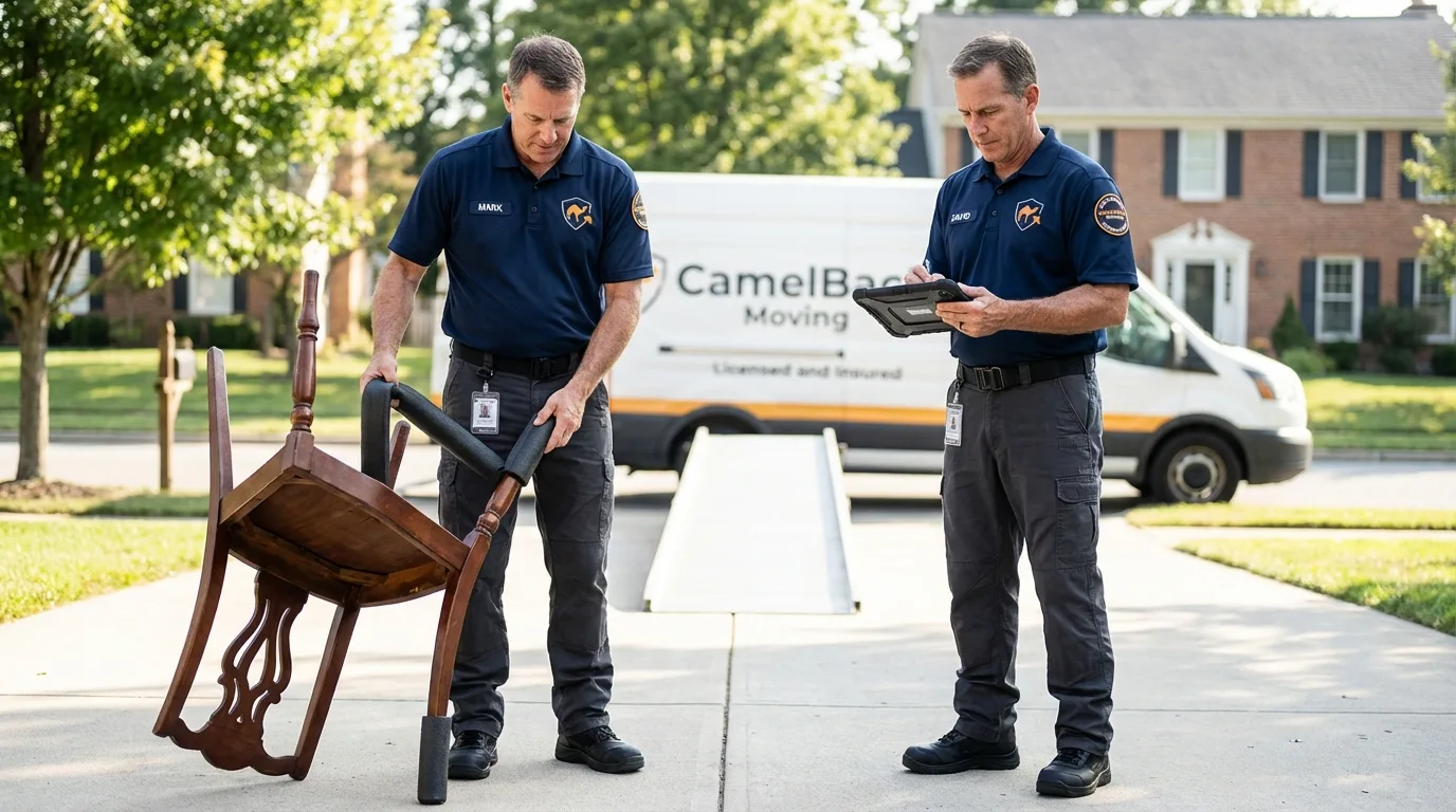 Movers inspecting furniture for damage prevention before loading in Fountain Hills, AZ