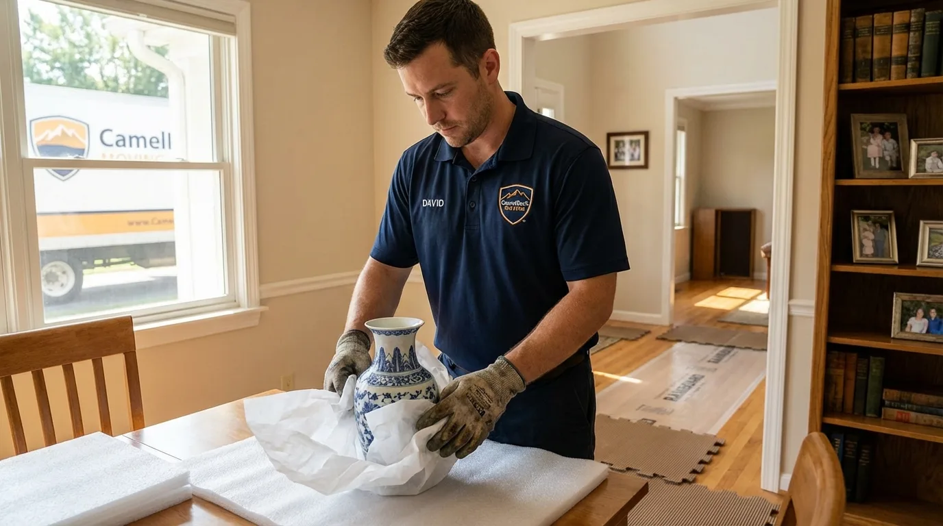 Professional crew carefully wrapping antique vase for senior downsizing move in Fountain Hills, AZ